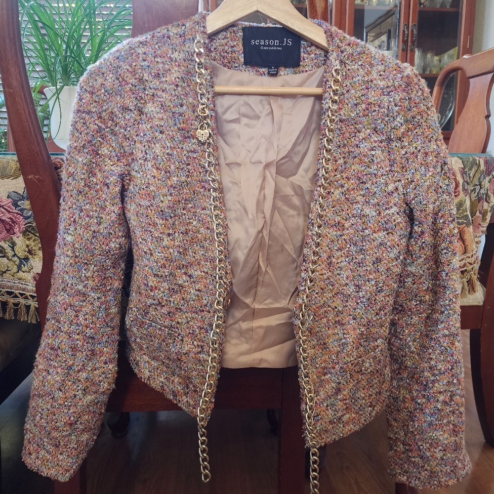 Season JS Jacket Tweed Blazer Pink Beige Champagne Gold Links Small